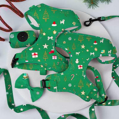 लोकप्रिय कस्टम व्यक्तिगत डिजाइनर लक्जरी कोई खींच समायोज्य कॉलर पट्टा धनुष टाई और बैंडाना प्रतिवर्ती कुत्ते हार्नेस सेट